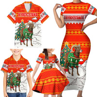 Kyrgyzstan Christmas Family Matching Short Sleeve Bodycon Dress and Hawaiian Shirt with Mountain Goat in Festive Red Snowflake Pattern and Holiday Tree - Wonder Print Shop