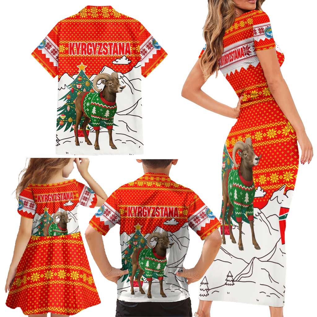 Kyrgyzstan Christmas Family Matching Short Sleeve Bodycon Dress and Hawaiian Shirt with Mountain Goat in Festive Red Snowflake Pattern and Holiday Tree - Wonder Print Shop