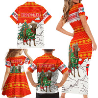 Kyrgyzstan Christmas Family Matching Short Sleeve Bodycon Dress and Hawaiian Shirt with Mountain Goat in Festive Red Snowflake Pattern and Holiday Tree - Wonder Print Shop