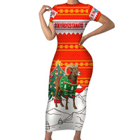 Kyrgyzstan Christmas Family Matching Short Sleeve Bodycon Dress and Hawaiian Shirt with Mountain Goat in Festive Red Snowflake Pattern and Holiday Tree - Wonder Print Shop