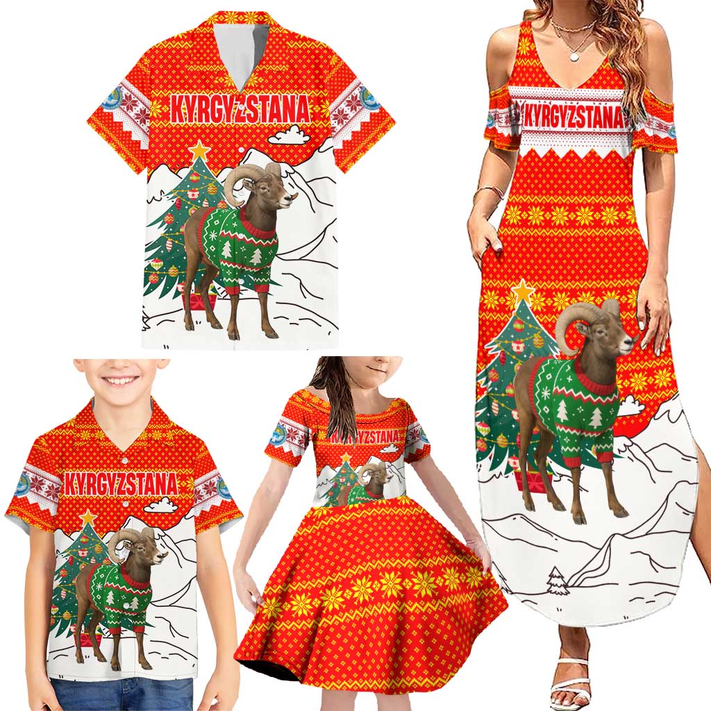 Kyrgyzstan Christmas Family Matching Summer Maxi Dress and Hawaiian Shirt with Mountain Goat in Festive Red Snowflake Pattern and Holiday Tree - Wonder Print Shop