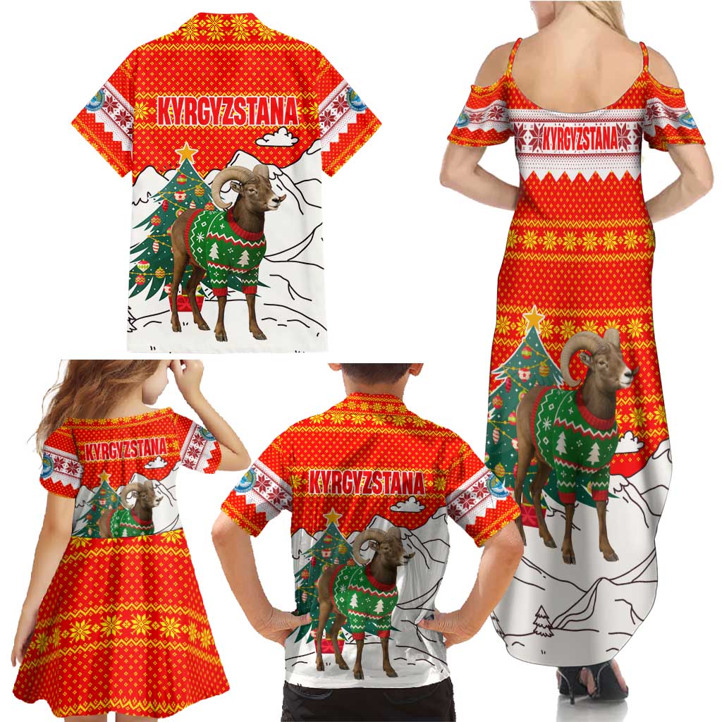 Kyrgyzstan Christmas Family Matching Summer Maxi Dress and Hawaiian Shirt with Mountain Goat in Festive Red Snowflake Pattern and Holiday Tree - Wonder Print Shop