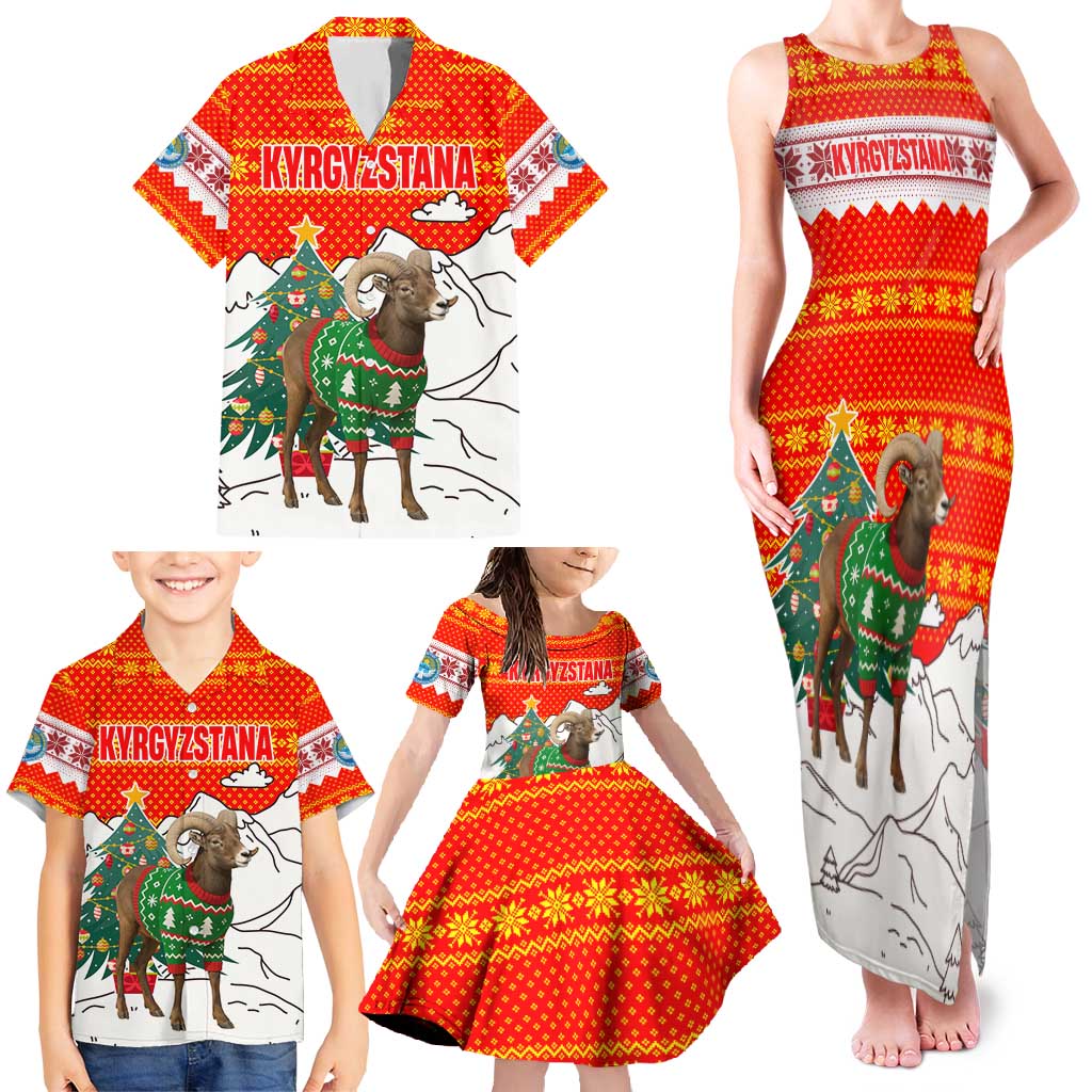 Kyrgyzstan Christmas Family Matching Tank Maxi Dress and Hawaiian Shirt with Mountain Goat in Festive Red Snowflake Pattern and Holiday Tree - Wonder Print Shop