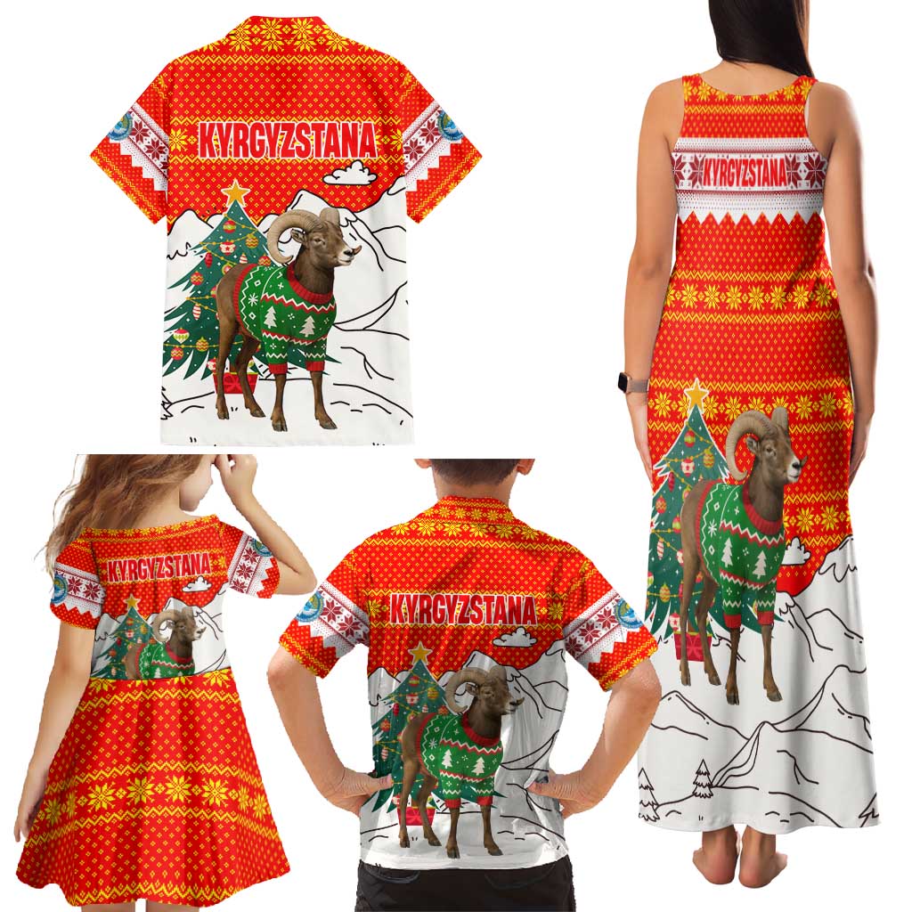 Kyrgyzstan Christmas Family Matching Tank Maxi Dress and Hawaiian Shirt with Mountain Goat in Festive Red Snowflake Pattern and Holiday Tree - Wonder Print Shop