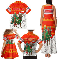 Kyrgyzstan Christmas Family Matching Tank Maxi Dress and Hawaiian Shirt with Mountain Goat in Festive Red Snowflake Pattern and Holiday Tree - Wonder Print Shop