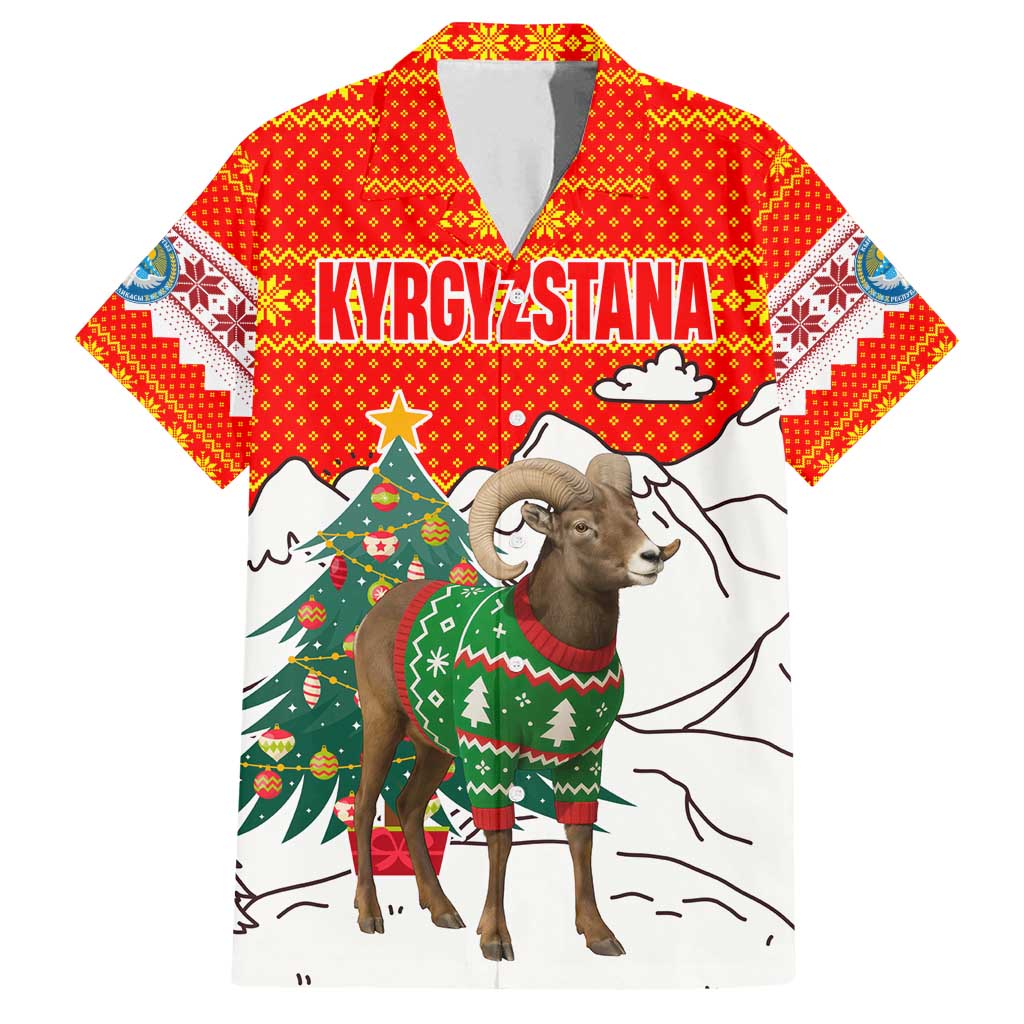Kyrgyzstan Christmas Family Matching Tank Maxi Dress and Hawaiian Shirt with Mountain Goat in Festive Red Snowflake Pattern and Holiday Tree - Wonder Print Shop