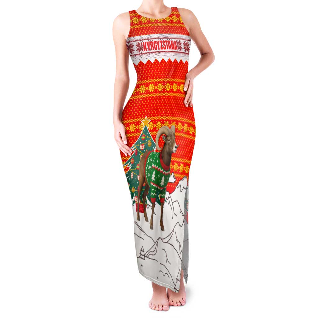 Kyrgyzstan Christmas Family Matching Tank Maxi Dress and Hawaiian Shirt with Mountain Goat in Festive Red Snowflake Pattern and Holiday Tree - Wonder Print Shop