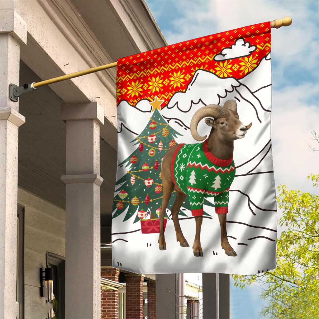 Kyrgyzstan Christmas Garden Flag with Mountain Goat in Festive Red Snowflake Pattern and Holiday Tree - Wonder Print Shop