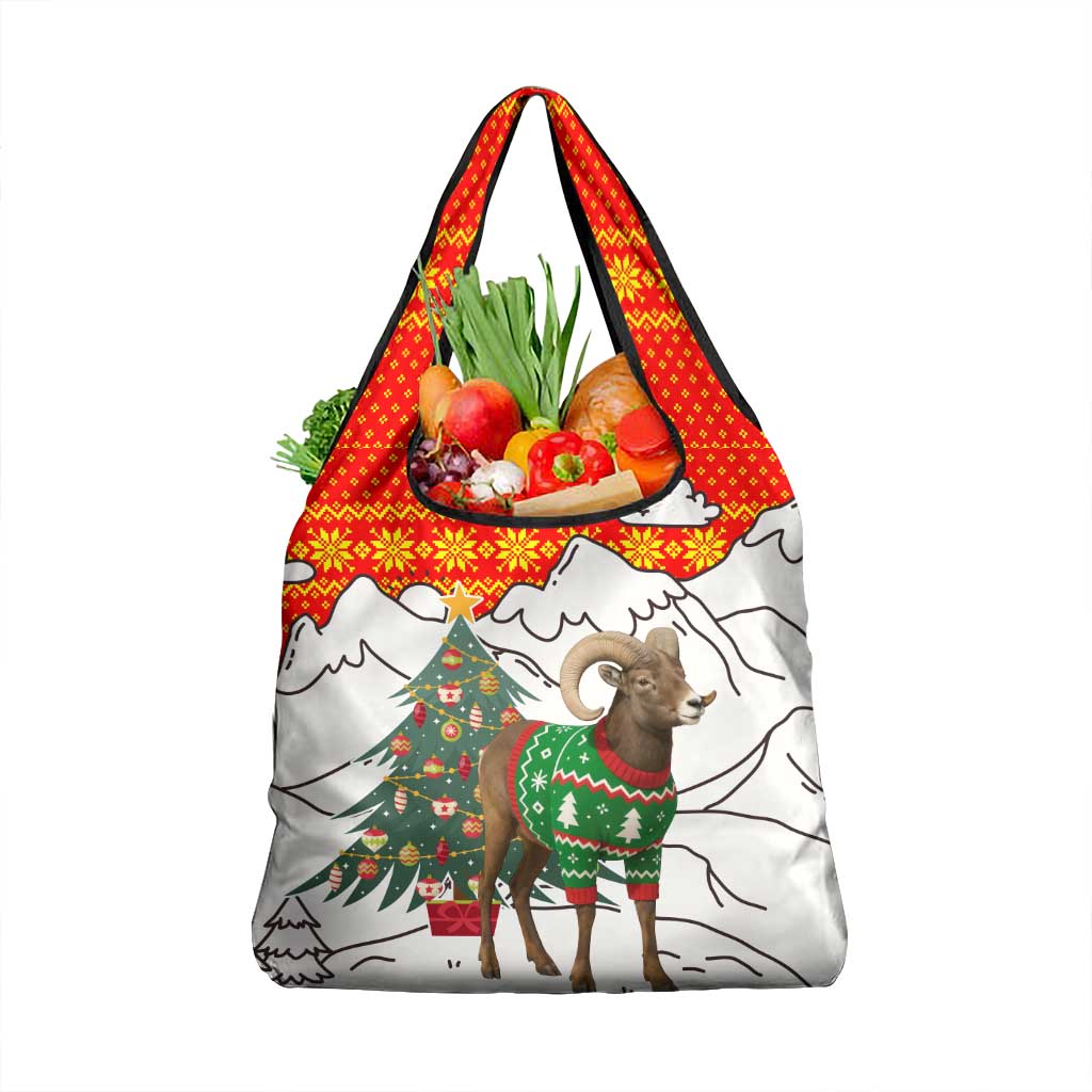 Kyrgyzstan Christmas Grocery Bag with Mountain Goat in Festive Red Snowflake Pattern and Holiday Tree - Wonder Print Shop