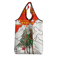 Kyrgyzstan Christmas Grocery Bag with Mountain Goat in Festive Red Snowflake Pattern and Holiday Tree - Wonder Print Shop