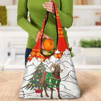 Kyrgyzstan Christmas Grocery Bag with Mountain Goat in Festive Red Snowflake Pattern and Holiday Tree - Wonder Print Shop