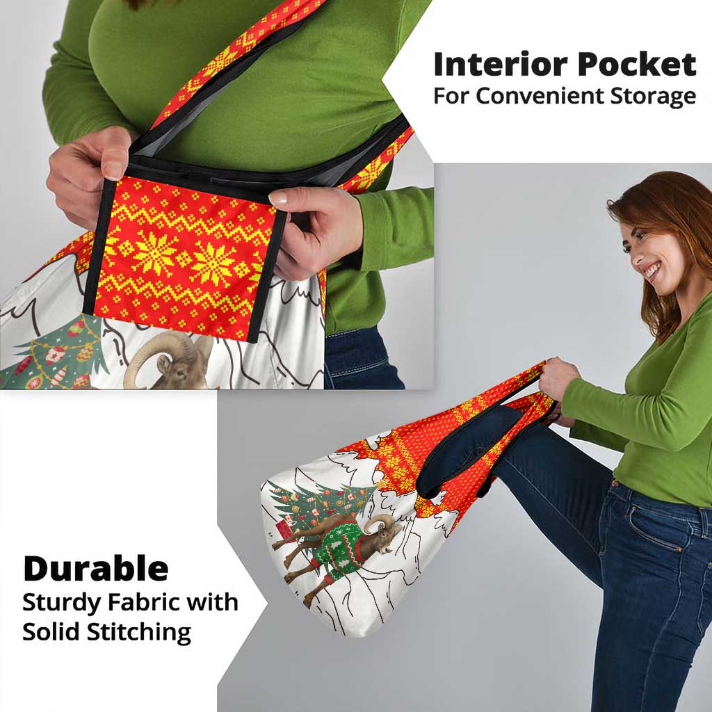 Kyrgyzstan Christmas Grocery Bag with Mountain Goat in Festive Red Snowflake Pattern and Holiday Tree - Wonder Print Shop