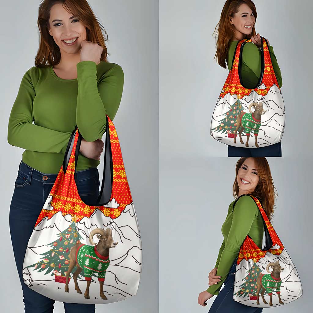 Kyrgyzstan Christmas Grocery Bag with Mountain Goat in Festive Red Snowflake Pattern and Holiday Tree - Wonder Print Shop
