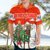 Kyrgyzstan Christmas Hawaiian Shirt with Mountain Goat in Festive Red Snowflake Pattern and Holiday Tree - Wonder Print Shop