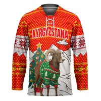 Kyrgyzstan Christmas Hockey Jersey with Mountain Goat in Festive Red Snowflake Pattern and Holiday Tree - Wonder Print Shop