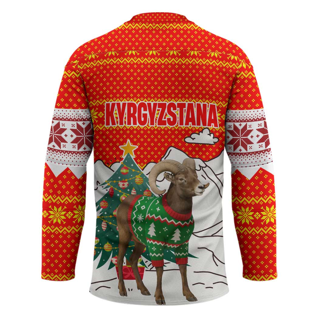 Kyrgyzstan Christmas Hockey Jersey with Mountain Goat in Festive Red Snowflake Pattern and Holiday Tree - Wonder Print Shop