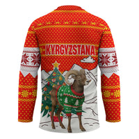 Kyrgyzstan Christmas Hockey Jersey with Mountain Goat in Festive Red Snowflake Pattern and Holiday Tree - Wonder Print Shop