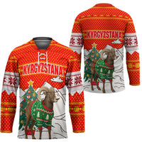 Kyrgyzstan Christmas Hockey Jersey with Mountain Goat in Festive Red Snowflake Pattern and Holiday Tree - Wonder Print Shop