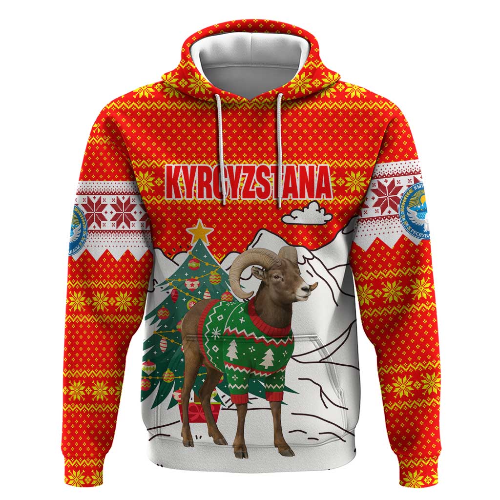 Kyrgyzstan Christmas Hoodie with Mountain Goat in Festive Red Snowflake Pattern and Holiday Tree - Wonder Print Shop