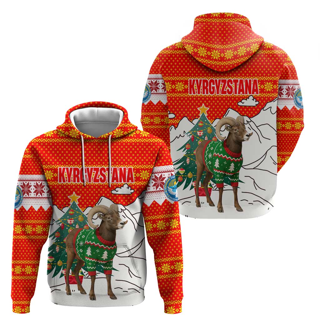 Kyrgyzstan Christmas Hoodie with Mountain Goat in Festive Red Snowflake Pattern and Holiday Tree - Wonder Print Shop
