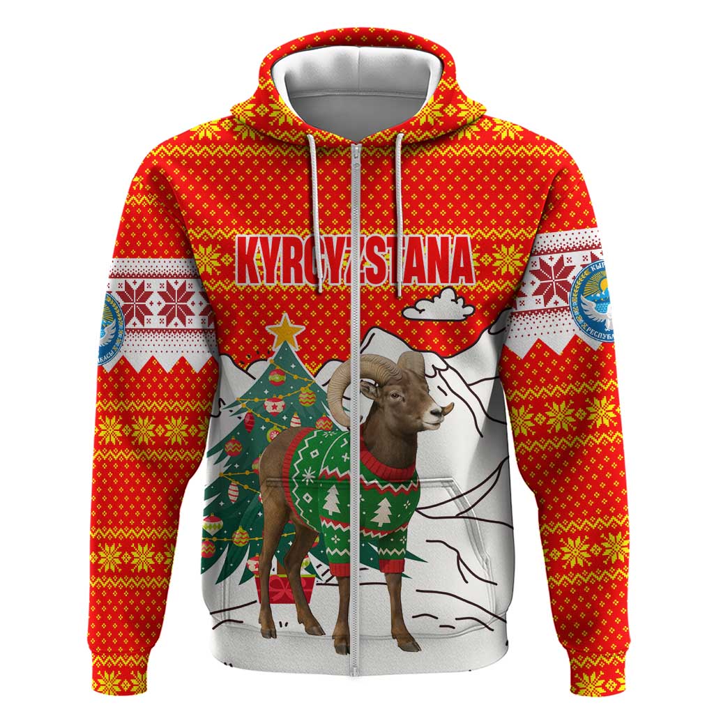 Kyrgyzstan Christmas Hoodie with Mountain Goat in Festive Red Snowflake Pattern and Holiday Tree - Wonder Print Shop