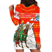 Kyrgyzstan Christmas Hoodie Dress with Mountain Goat in Festive Red Snowflake Pattern and Holiday Tree - Wonder Print Shop