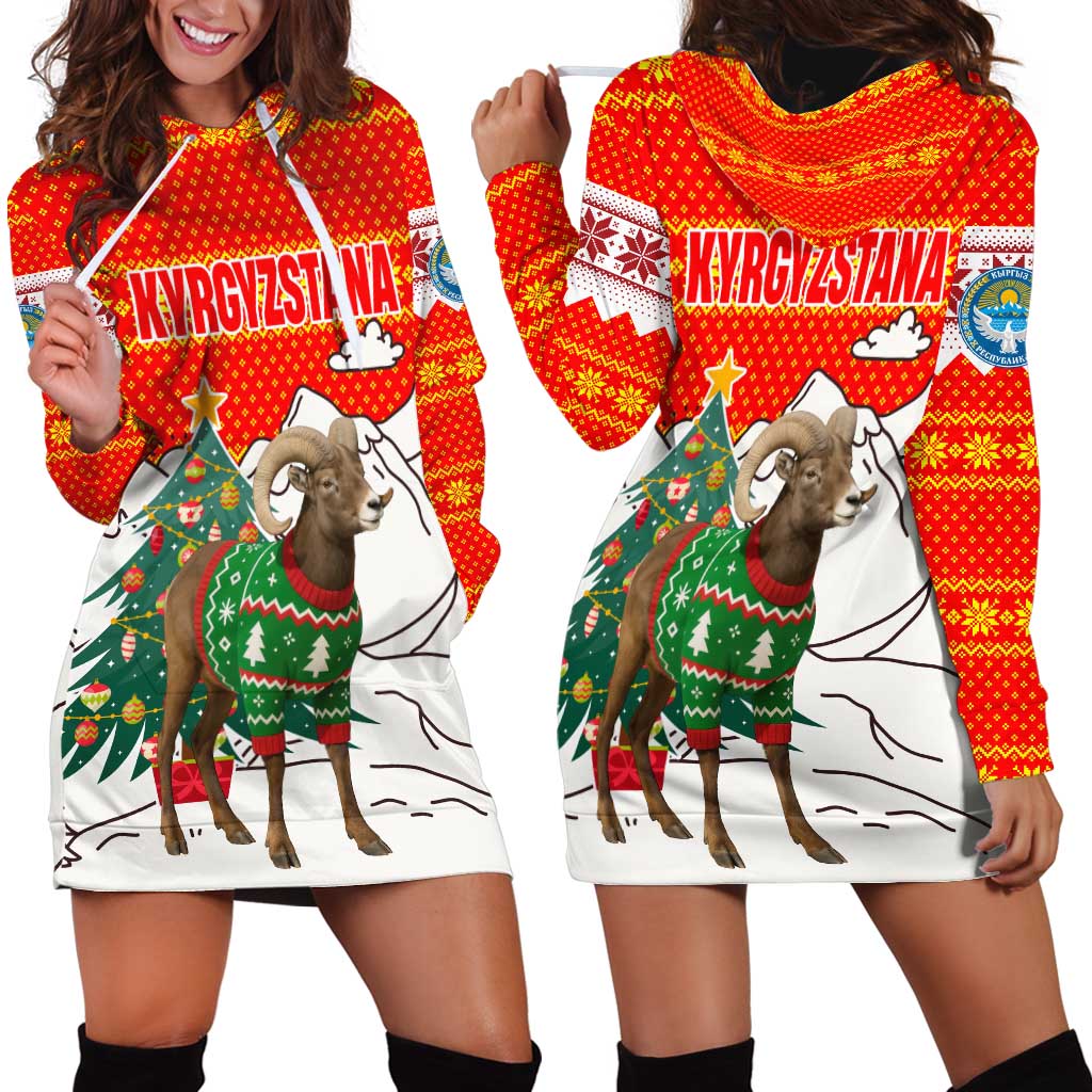 Kyrgyzstan Christmas Hoodie Dress with Mountain Goat in Festive Red Snowflake Pattern and Holiday Tree - Wonder Print Shop