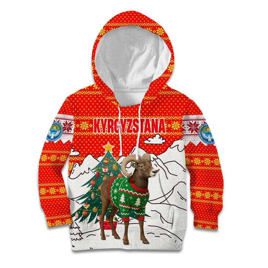 Kyrgyzstan Christmas Kid Hoodie with Mountain Goat in Festive Red Snowflake Pattern and Holiday Tree - Wonder Print Shop