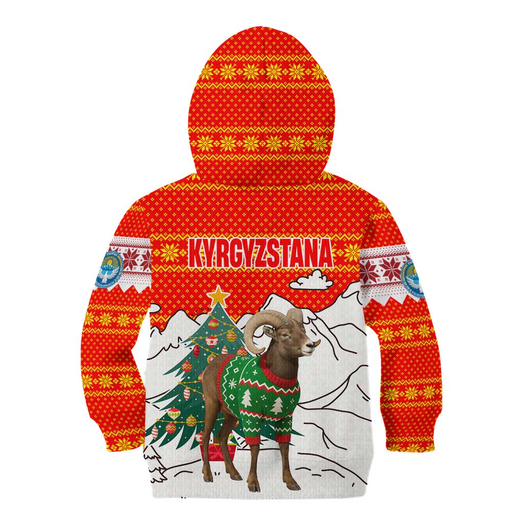 Kyrgyzstan Christmas Kid Hoodie with Mountain Goat in Festive Red Snowflake Pattern and Holiday Tree - Wonder Print Shop
