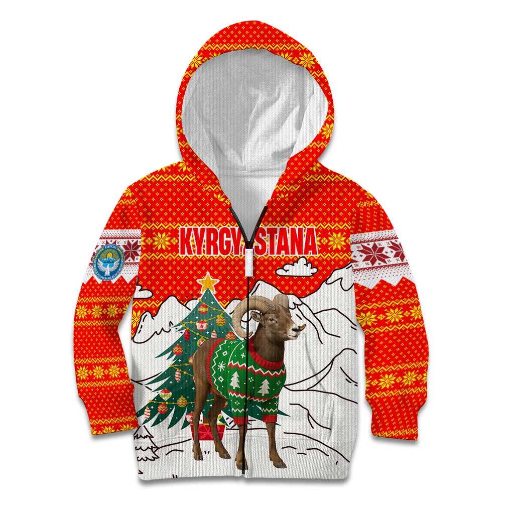 Kyrgyzstan Christmas Kid Hoodie with Mountain Goat in Festive Red Snowflake Pattern and Holiday Tree - Wonder Print Shop