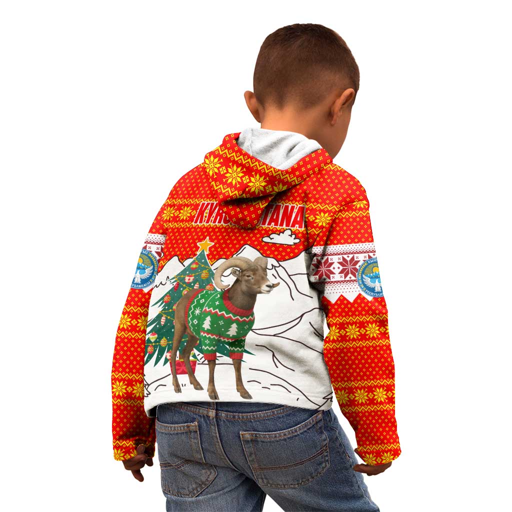 Kyrgyzstan Christmas Kid Hoodie with Mountain Goat in Festive Red Snowflake Pattern and Holiday Tree - Wonder Print Shop