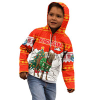 Kyrgyzstan Christmas Kid Hoodie with Mountain Goat in Festive Red Snowflake Pattern and Holiday Tree - Wonder Print Shop