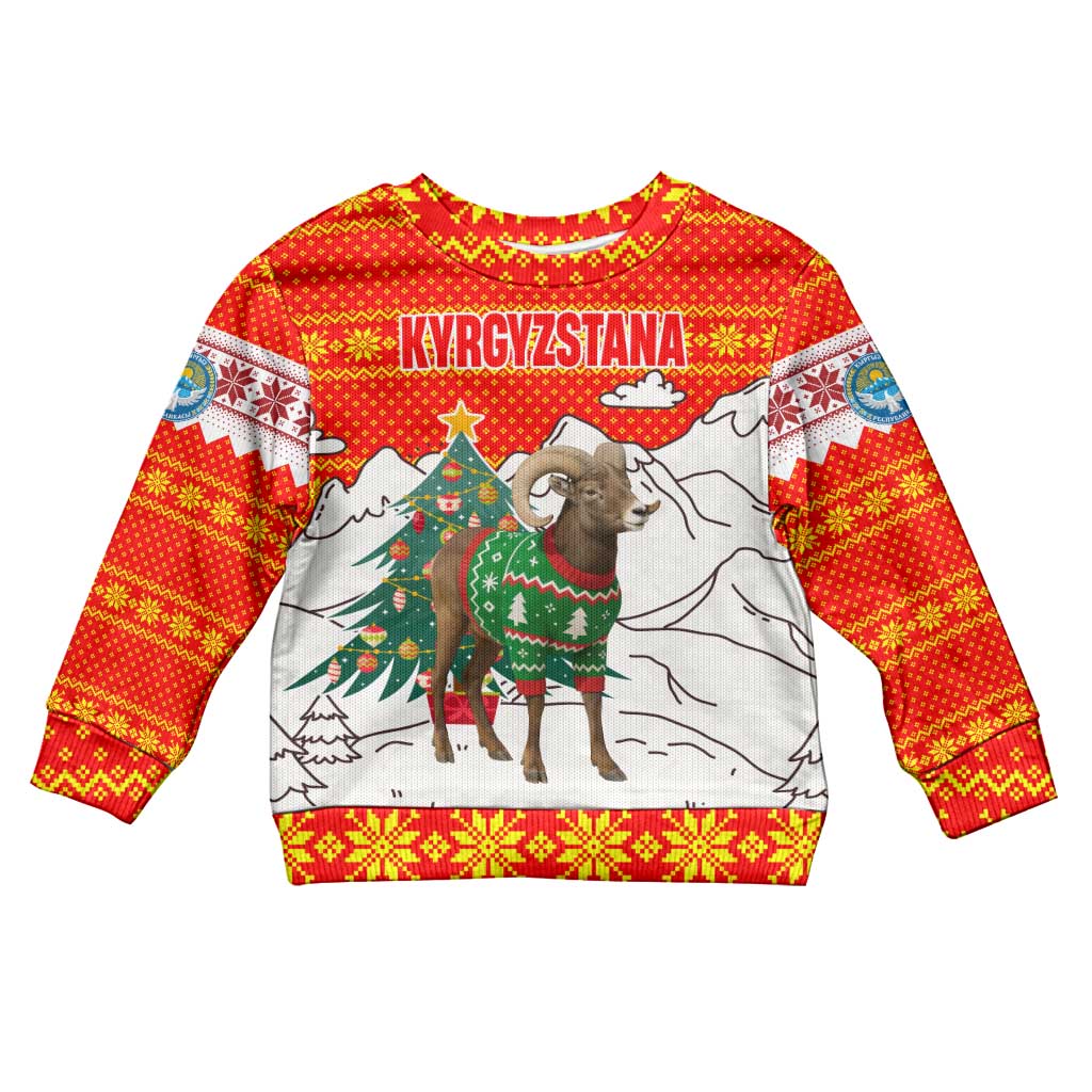 Kyrgyzstan Christmas Kid Ugly Christmas Sweater with Mountain Goat in Festive Red Snowflake Pattern and Holiday Tree - Wonder Print Shop