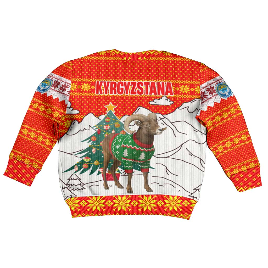 Kyrgyzstan Christmas Kid Ugly Christmas Sweater with Mountain Goat in Festive Red Snowflake Pattern and Holiday Tree - Wonder Print Shop