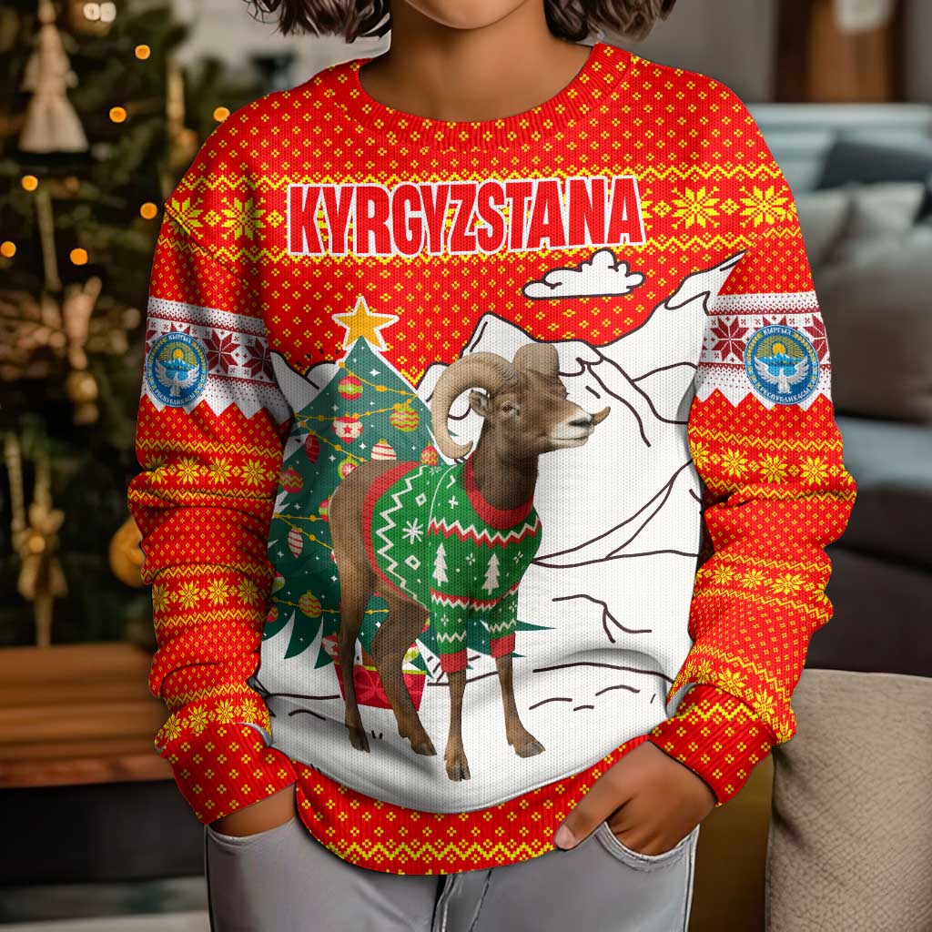 Kyrgyzstan Christmas Kid Ugly Christmas Sweater with Mountain Goat in Festive Red Snowflake Pattern and Holiday Tree - Wonder Print Shop