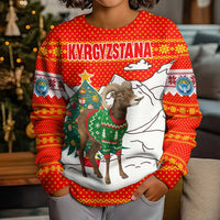 Kyrgyzstan Christmas Kid Ugly Christmas Sweater with Mountain Goat in Festive Red Snowflake Pattern and Holiday Tree - Wonder Print Shop