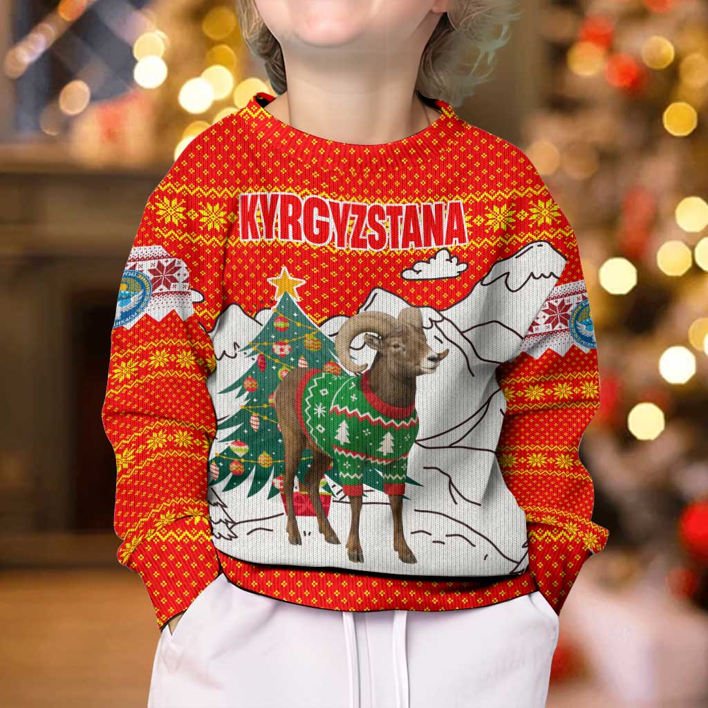 Kyrgyzstan Christmas Kid Ugly Christmas Sweater with Mountain Goat in Festive Red Snowflake Pattern and Holiday Tree - Wonder Print Shop