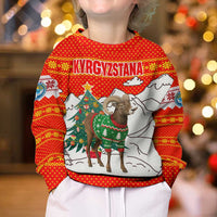 Kyrgyzstan Christmas Kid Ugly Christmas Sweater with Mountain Goat in Festive Red Snowflake Pattern and Holiday Tree - Wonder Print Shop