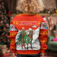 Kyrgyzstan Christmas Kid Ugly Christmas Sweater with Mountain Goat in Festive Red Snowflake Pattern and Holiday Tree - Wonder Print Shop