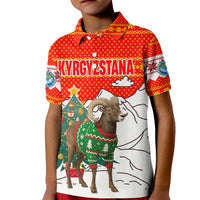 Kyrgyzstan Christmas Kid Polo Shirt with Mountain Goat in Festive Red Snowflake Pattern and Holiday Tree - Wonder Print Shop