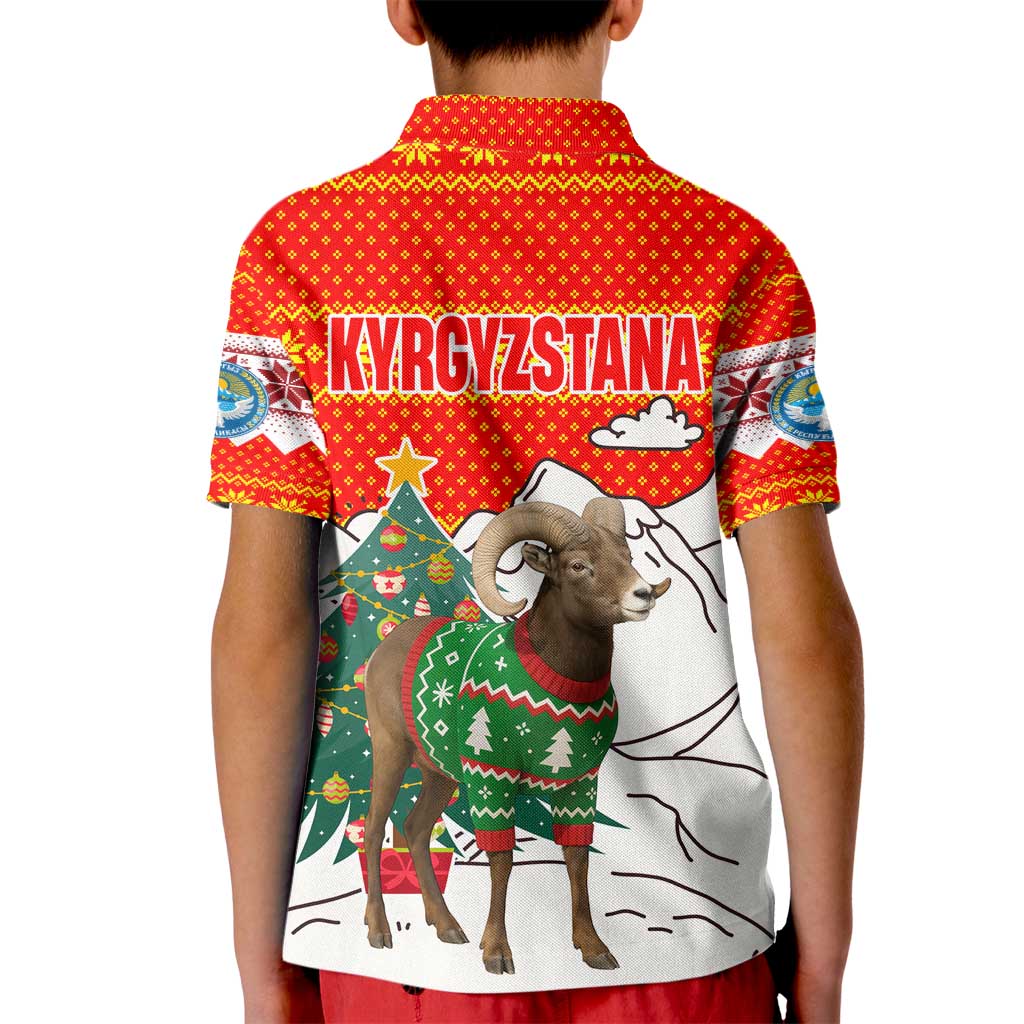 Kyrgyzstan Christmas Kid Polo Shirt with Mountain Goat in Festive Red Snowflake Pattern and Holiday Tree - Wonder Print Shop