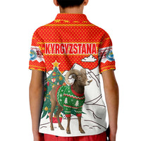 Kyrgyzstan Christmas Kid Polo Shirt with Mountain Goat in Festive Red Snowflake Pattern and Holiday Tree - Wonder Print Shop