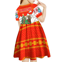 Kyrgyzstan Christmas Kid Short Sleeve Dress with Mountain Goat in Festive Red Snowflake Pattern and Holiday Tree - Wonder Print Shop
