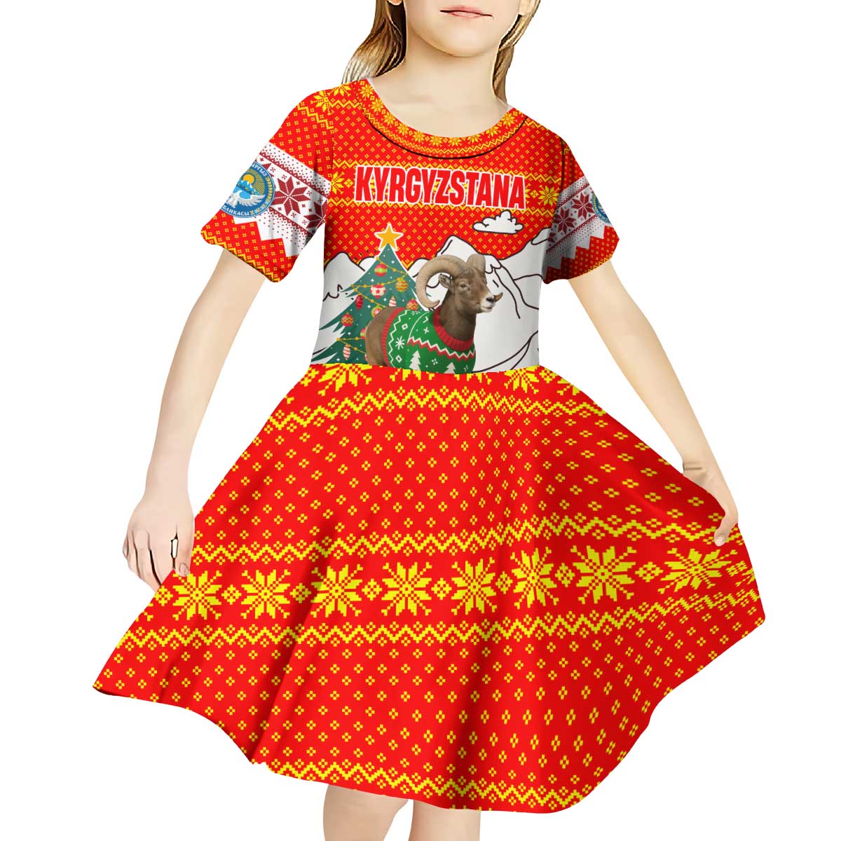 Kyrgyzstan Christmas Kid Short Sleeve Dress with Mountain Goat in Festive Red Snowflake Pattern and Holiday Tree - Wonder Print Shop