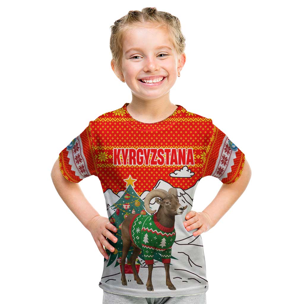 Kyrgyzstan Christmas Kid T Shirt with Mountain Goat in Festive Red Snowflake Pattern and Holiday Tree - Wonder Print Shop