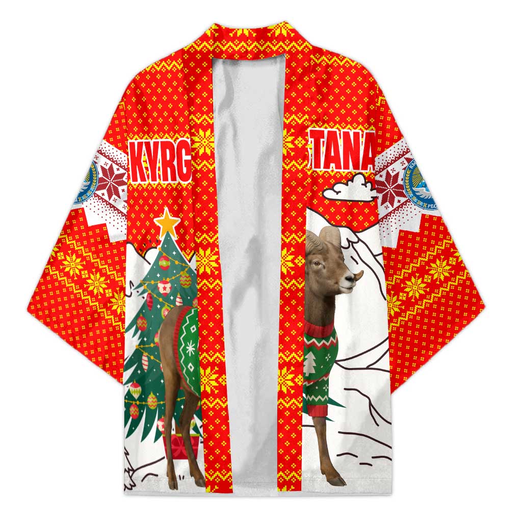 Kyrgyzstan Christmas Kimono with Mountain Goat in Festive Red Snowflake Pattern and Holiday Tree - Wonder Print Shop