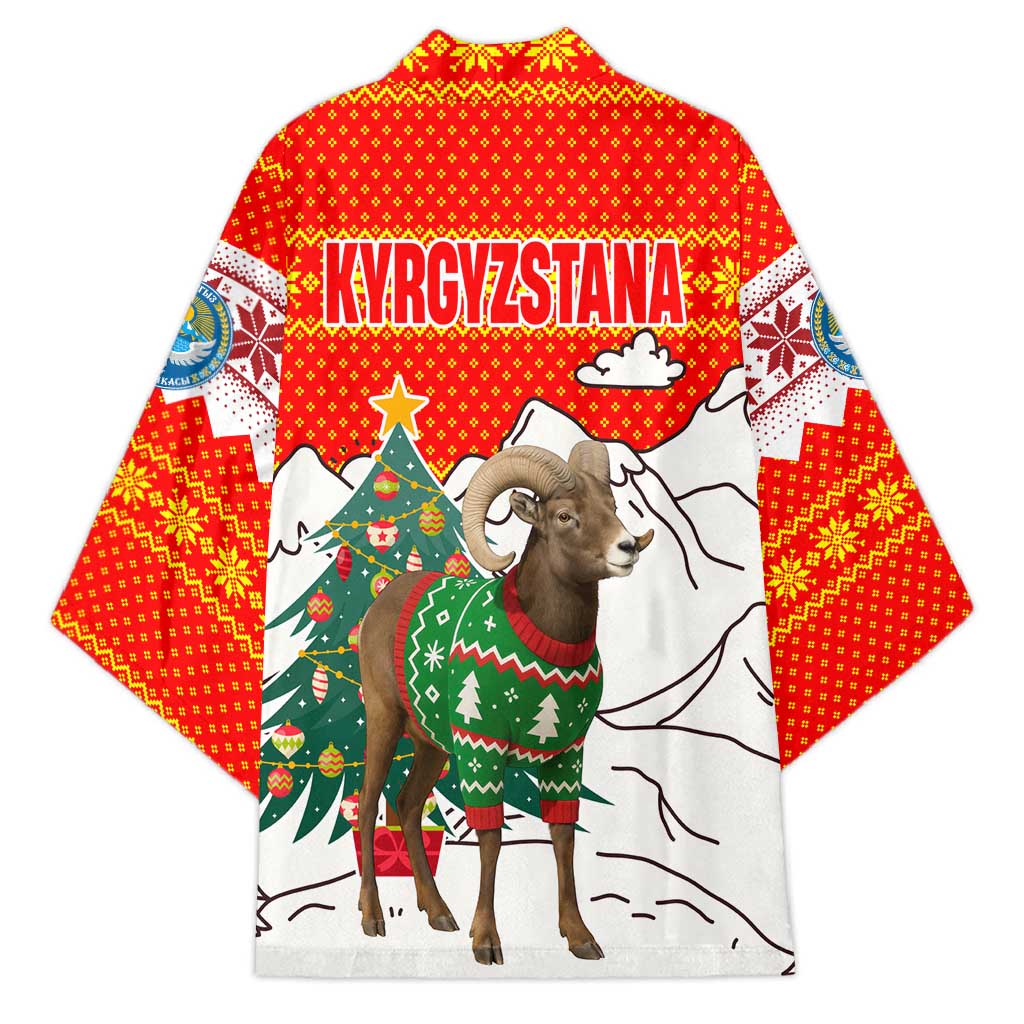 Kyrgyzstan Christmas Kimono with Mountain Goat in Festive Red Snowflake Pattern and Holiday Tree - Wonder Print Shop