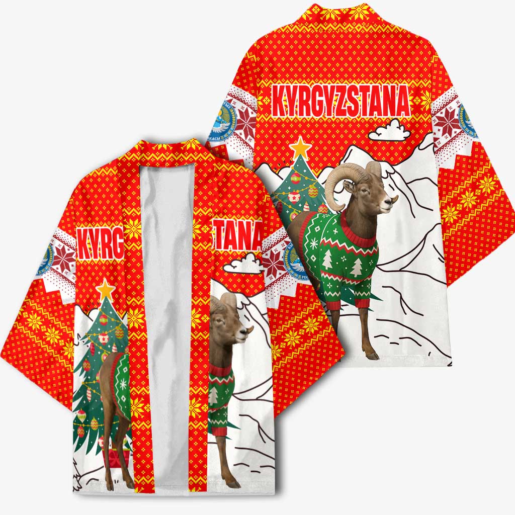 Kyrgyzstan Christmas Kimono with Mountain Goat in Festive Red Snowflake Pattern and Holiday Tree - Wonder Print Shop