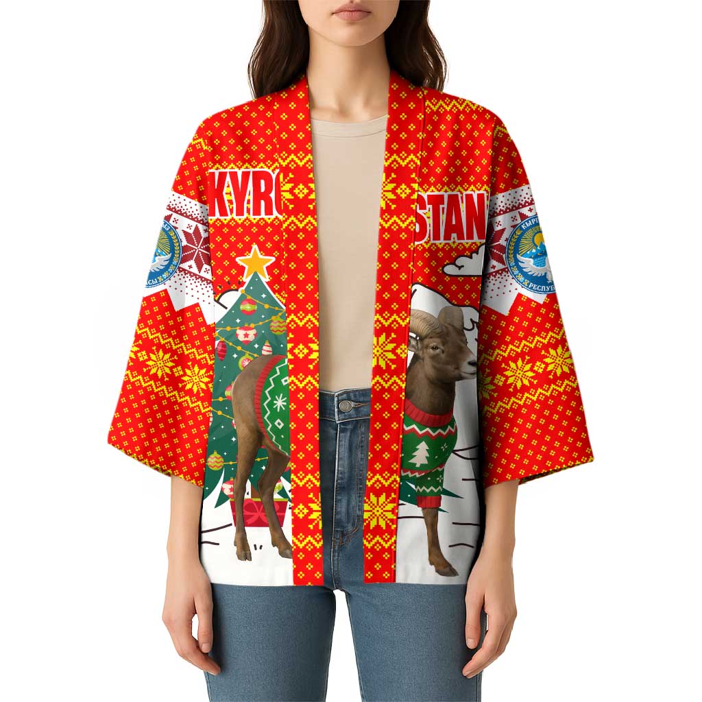 Kyrgyzstan Christmas Kimono with Mountain Goat in Festive Red Snowflake Pattern and Holiday Tree - Wonder Print Shop