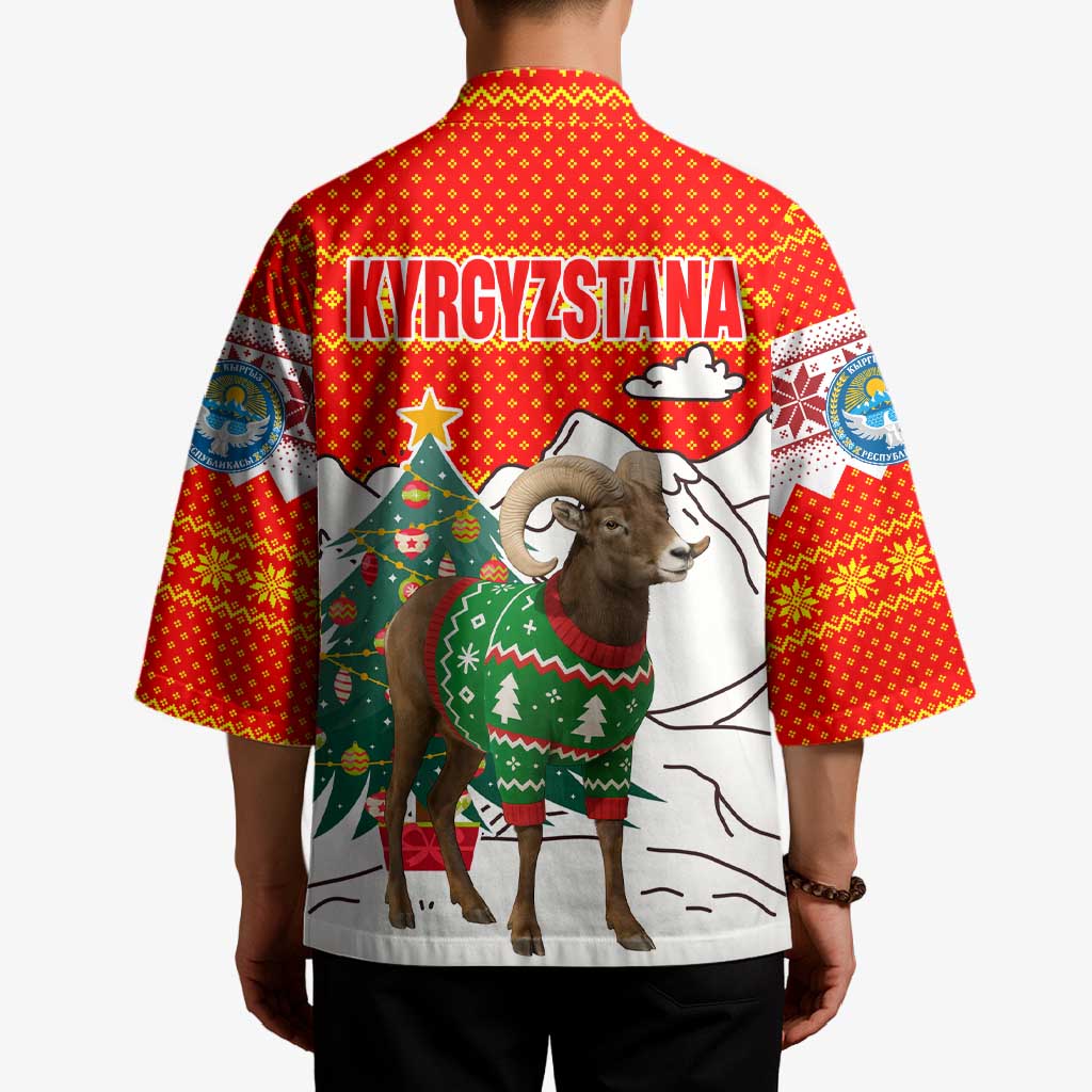 Kyrgyzstan Christmas Kimono with Mountain Goat in Festive Red Snowflake Pattern and Holiday Tree - Wonder Print Shop